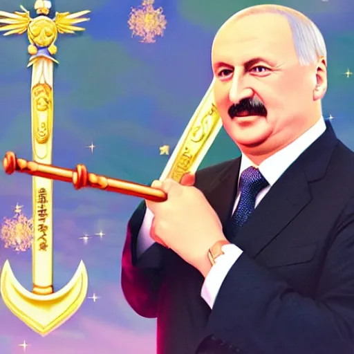 Image similar to president of belorussia, alexander lukashenko with golden long wand in his hands in anime style, sailor moon, anime, perfect faces, fine details