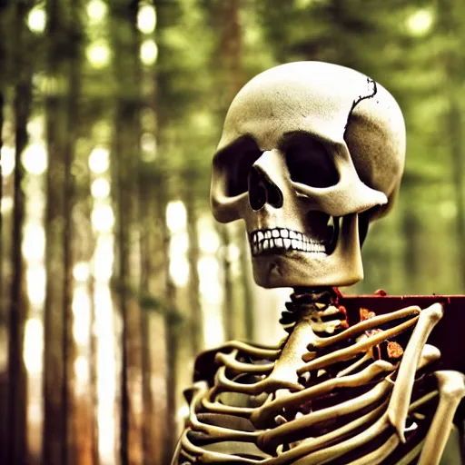 Image similar to portrait photo of a skeleton packed with electronics and mechanical components. In the forest with bokeh