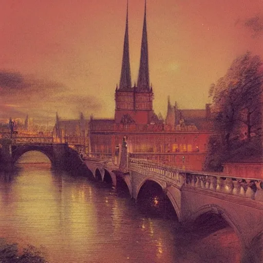 Prompt: A beautiful photograph of a cityscape with tall spires and delicate bridges. astrophotography, pastel red by Thomas Gainsborough, by Helmut Newton harrowing