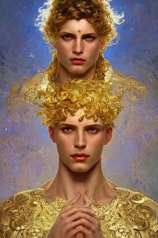 Image similar to young male god of sun, gold hair, gold eyes, tanned skin, fantasy, intricate, highly detailed, digital painting, artstation, concept art, smooth, sharp focus, art by art by Artem Demura and Alphonse Mucha, ArtGerm, valentina remenar, ruan jia