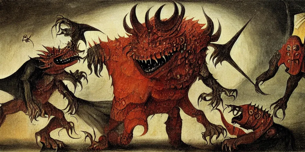 Image similar to a tarrasque fighting a powerful wizard as drawn by hieronymus bosch, oil painting, highly detailed