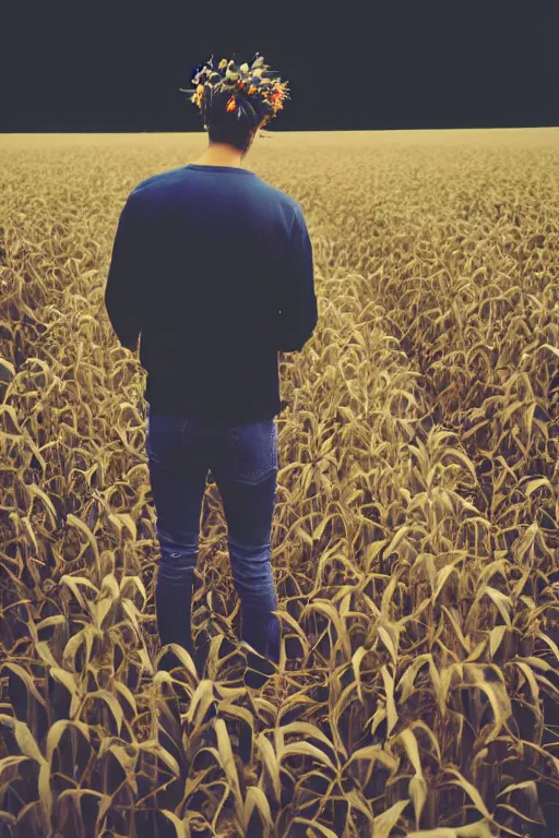 Image similar to agfa vista 4 0 0 photograph of a skinny blonde guy standing in a dark cornfield, flower crown, back view, grain, moody lighting, moody vibe, telephoto, 9 0 s vibe, blurry background, vaporwave colors!, faded!,