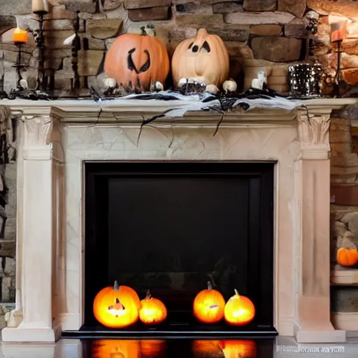 Image similar to a realistic photo of a fireplace mantle decorated for halloween, photorealism, dramatic lighting
