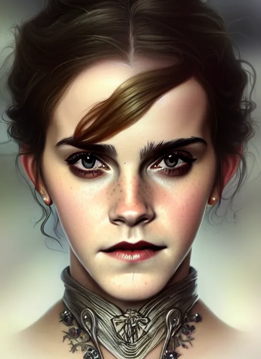 Image similar to portrait of emma watson as a vampire queen, jewelry, greek, black, intricate, headshot, highly detailed, digital painting, artstation, concept art, sharp focus, cinematic lighting, illustration, art by artgerm and greg rutkowski, alphonse mucha, cgsociety