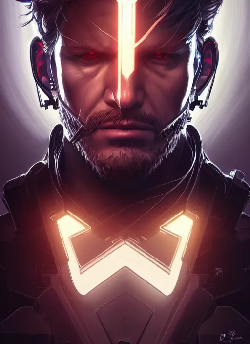 Image similar to symmetry!! portrait of solid snake, metal gear solid, tech wear, glowing lights!! intricate, elegant, highly detailed, digital painting, artstation, concept art, smooth, sharp focus, illustration, art by artgerm and greg rutkowski and alphonse mucha