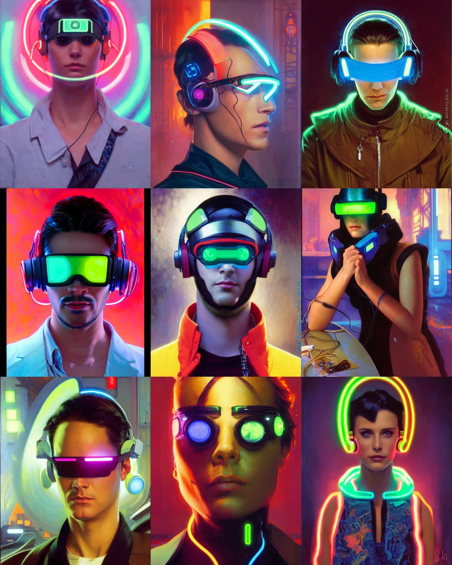 Prompt: neon stylish cyberpunk hacker with glowing geordi visor over eyes and sleek headphones headshot portrait painting by donato giancola, rhads, loish, alphonse mucha, mead schaeffer fashion photography