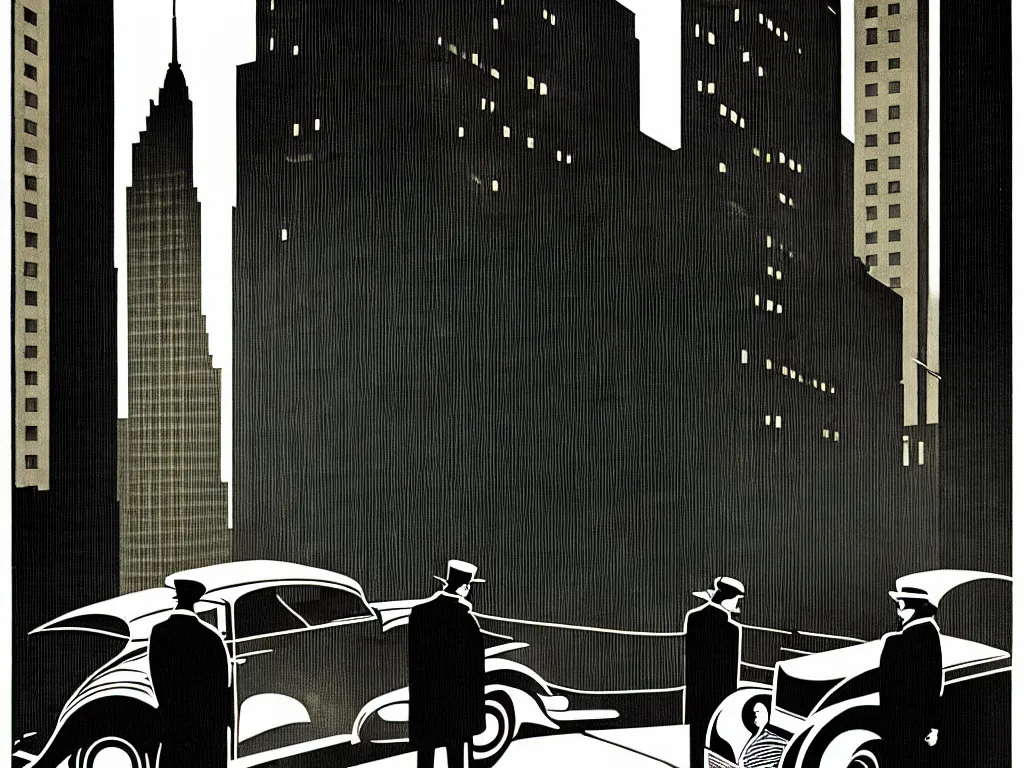 Prompt: two suspicious men in a parked a car in front of a very tall building, desert street, late at night, dimly lit, gangster, film noir, upscale 1920, relaxed poose, art deco, artwork by coles phillips, post processing, intricate, grim yet sparkling atmosphere, beautifully detailed render, post-processing, extremely hyperdetailed, 8k octane beautifully detailed render, intricate, epic composition,cinematic lighting, art nouveau