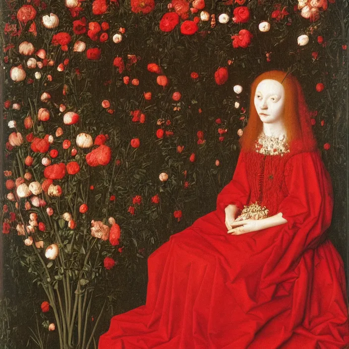 Image similar to a woman in a red dress, sitting on a throne of flowers, by Jan van Eyck