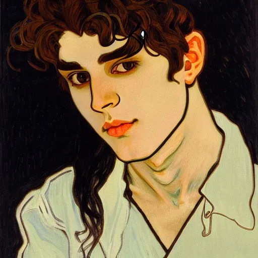 Image similar to painting of young cute handsome beautiful dark medium wavy hair man in his 2 0 s named shadow taehyung at the halloween pumpkin jack o'lantern party, depressed, melancholy, autumn, japan, elegant, clear, painting, stylized, delicate, soft facial features, delicate facial features, soft art, art by alphonse mucha, vincent van gogh, egon schiele