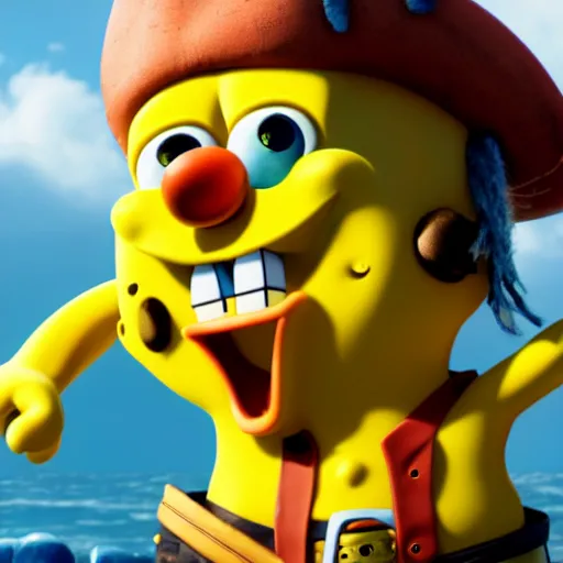 Image similar to SpongeBob in the role of captain Jack Sparrow. Octane render, 4k, 8k, unreal 5, very detailed, hyper realism, trending on artstation.