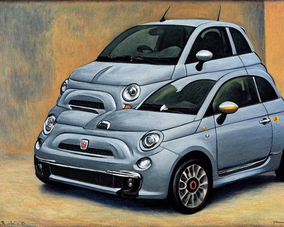 Prompt: achingly beautiful painting of a dark grey 2 0 1 3 fiat 5 0 0 abarth by rene magritte, monet, and turner.