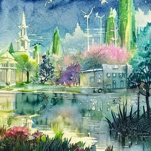 Prompt: Beautiful happy picturesque charming sci-fi town in harmony with nature. Beautiful light. Water and plants. Nice colour scheme, soft warm colour. Beautiful detailed artistic watercolor by Lurid. (2022)