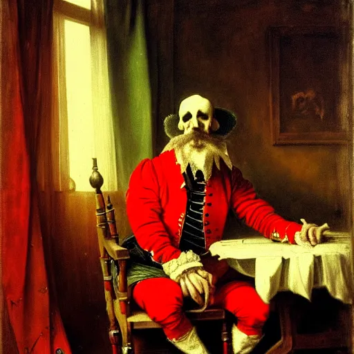 Image similar to a plotting man in a red jester suit sitting in a wooden chair near a table covered with cloth. the room is dimly lit. art style of Jan Matejko, ominous, realistic, highly detailed