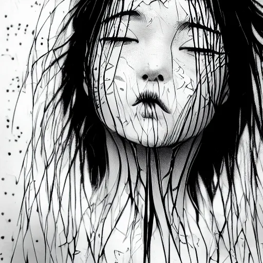 Image similar to yoshitaka amano realistic photo of an anime girl with black eyes, wavy white hair and cracks on her face wearing dress suit with tie fluttering in the wind, abstract black and white patterns on the background, cross earring, noisy film grain effect, highly detailed, closeup portrait shot, weird portrait angle