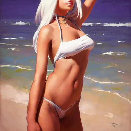 Prompt: greg manchess portrait painting of a 2 yorha type a no. 2 in a bikini, white long hair, organic painting, sunny day, matte painting, bold shapes, hard edges, street art, trending on artstation, by huang guangjian and gil elvgren and sachin teng