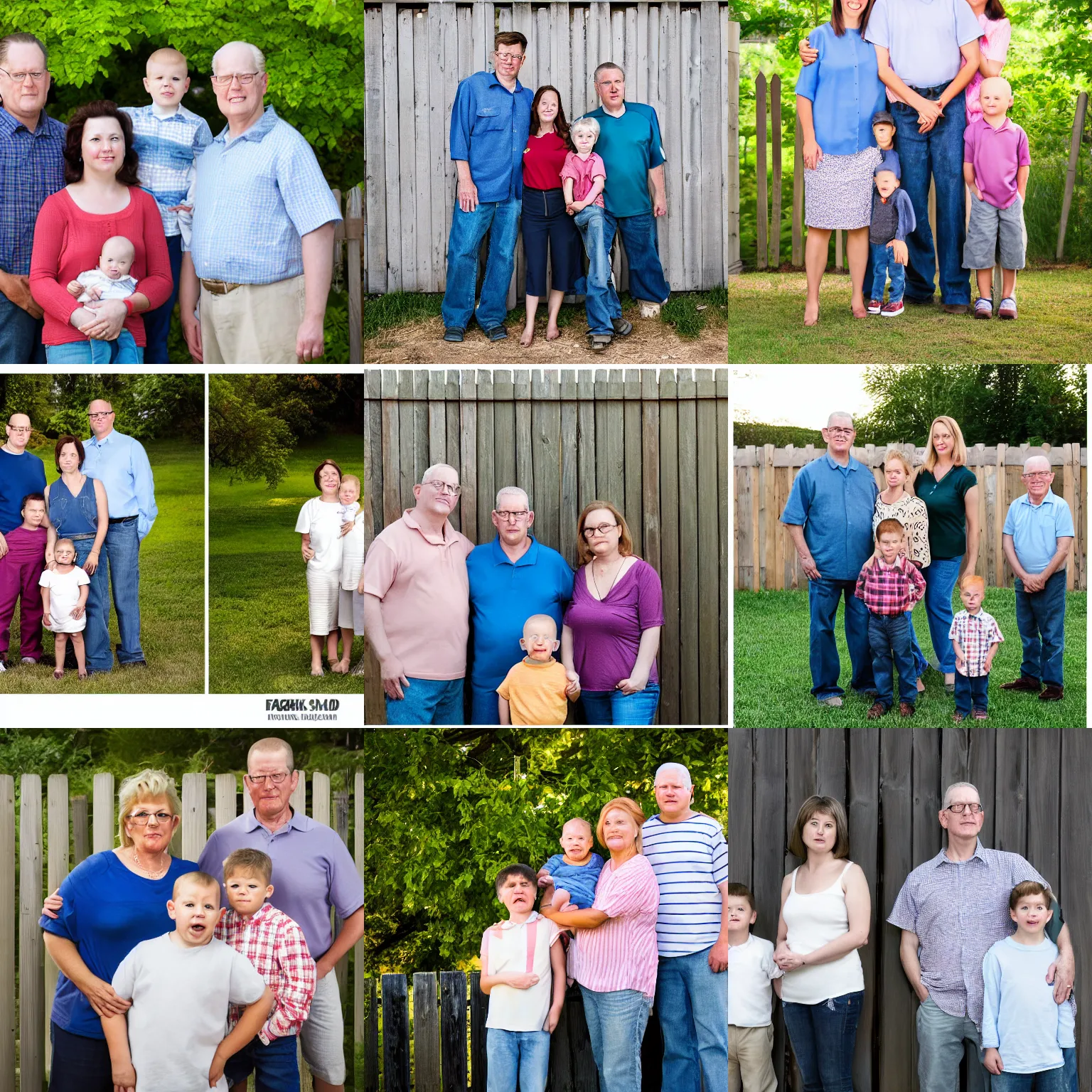 Prompt: portrait of family of three, three subjects, husband wife and son, husband is hank hill, wife is peggy hill, son is bobby hill, standing in front of a wooden fence, neutral expressions, professional family portrait, family of three, outdoor, f / 2. 5, 5 0. 0 mm, iso 4 0 0,