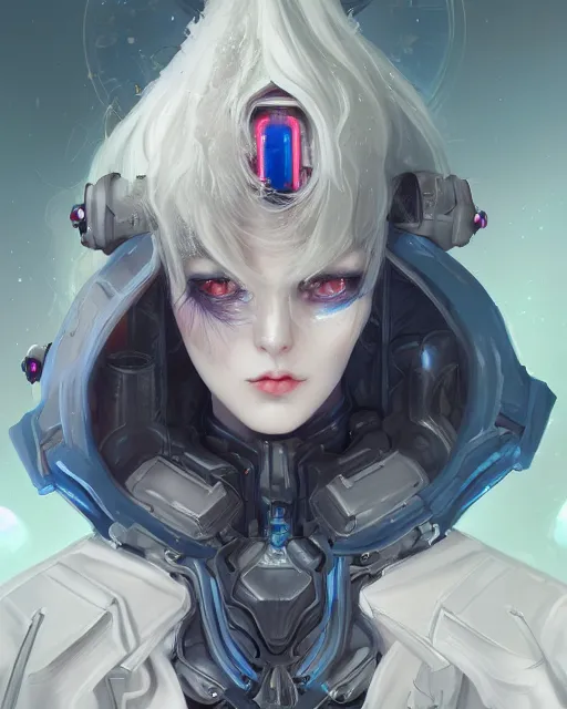 Image similar to holy cyborg necromancer girl, elegant, scifi, futuristic, utopia, garden, illustration, atmosphere, top lighting, blue eyes, white hair, beautiful, artstation, highly detailed, art by yuhong ding and chengwei pan and serafleur and ina wong