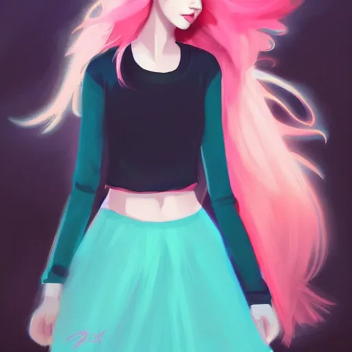 Image similar to colorful and festive captivating teenager girl with pink hair, cyan top crop, black skirt, black leggings, cute look. rich vivid colors, ambient lighting, dynamic lighting, 4 k, atmospheric lighting, painted, intricate, highly detailed by charlie bowater