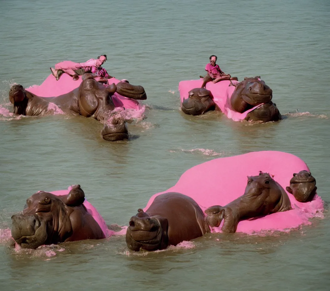 Image similar to a 3 5 mm photography, kodachrome colour of one grandpa riding a hippo in a pink lake, taken by martin parr