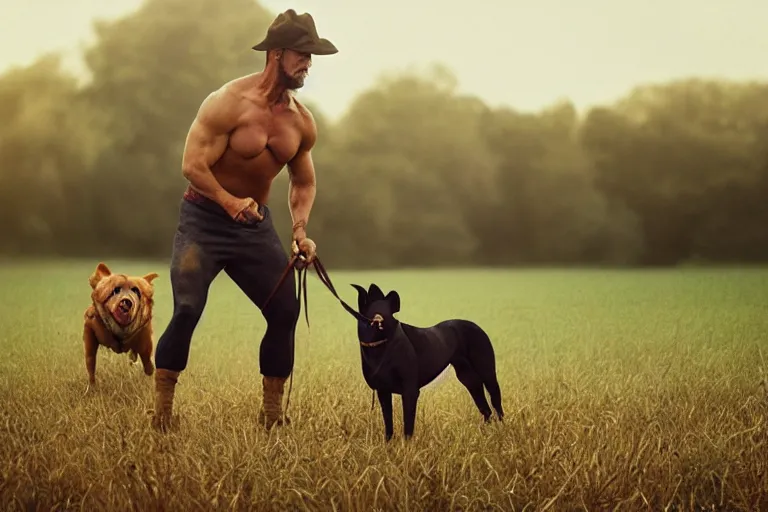 Image similar to a cinematic headshot portrait of a farmer, working out in the field, a dog in the background, movie still, shallow depth of field, muted colors, by krenz cushart