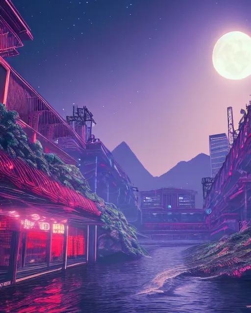 Image similar to reclaimed by nature by moon hoon, darkacademia atlantis cosmic san andreas at dawn neon signs tokyo synthwave universe, archdaily, wallpaper, highly detailed, trending on artstation.