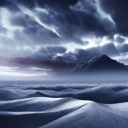 Prompt: an ice covered desert slightly visible thru enormous clouds ,concept art, illustration highly detailed artwork cinematic hyper realistic