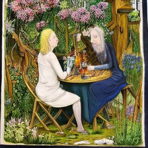 Prompt: man and woman sitting at table in garden. on the table there is beer and wine. the sun shines. folk horror style art. detailed. clematis. arbour