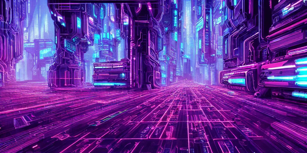 Prompt: a landscape view of a cybernetic cathedral overlooking an higway made of rows of glowing codes and symbols, energy surges, cyberpunk, beautiful detailed, cinematic, strong lighting, hi - fructose art magazine, photorealistic, 8 k, gradient cyan to purple, by paul lehr and david heskin