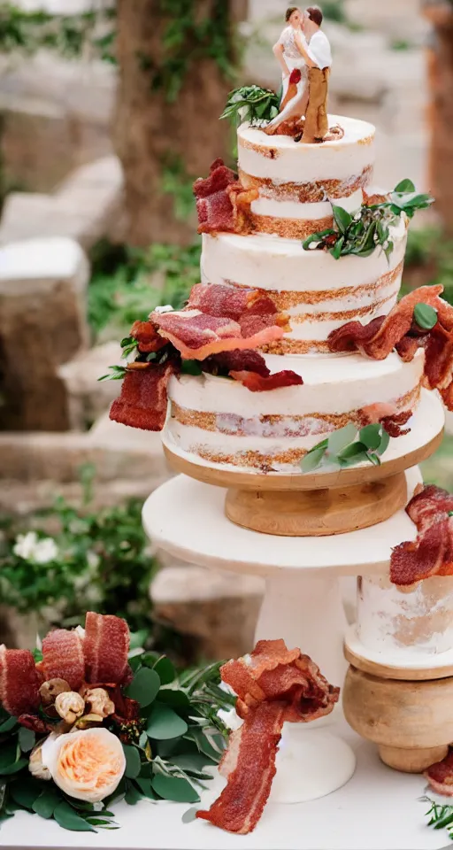 Prompt: a wedding cake made of bacon, professional food photo, by linda eastman, bride and groom on top of the wedding cake,