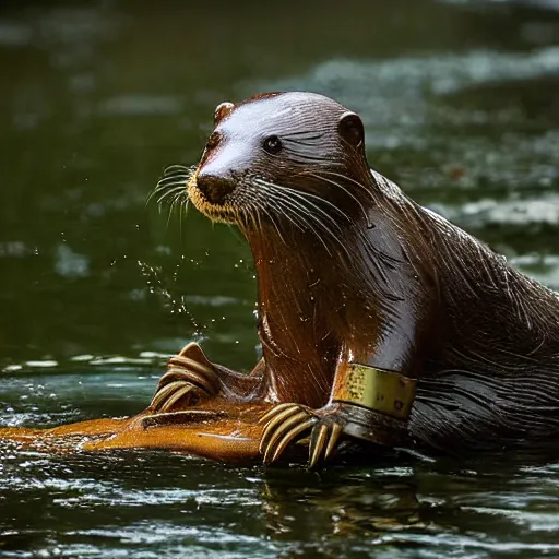 Prompt: steampunk mechanical otter in a river, sci - fi, wildlife photograph, national geographic, award - winning