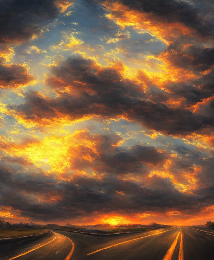 Prompt: Road sunset oil painting beautiful artstation realistic 4k 8k clouds breathtaking concept art matte painting