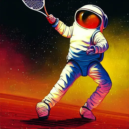 Prompt: beautiful painting of an astronaut playing tennis by Dan Mumford, action shot, trending on artstation