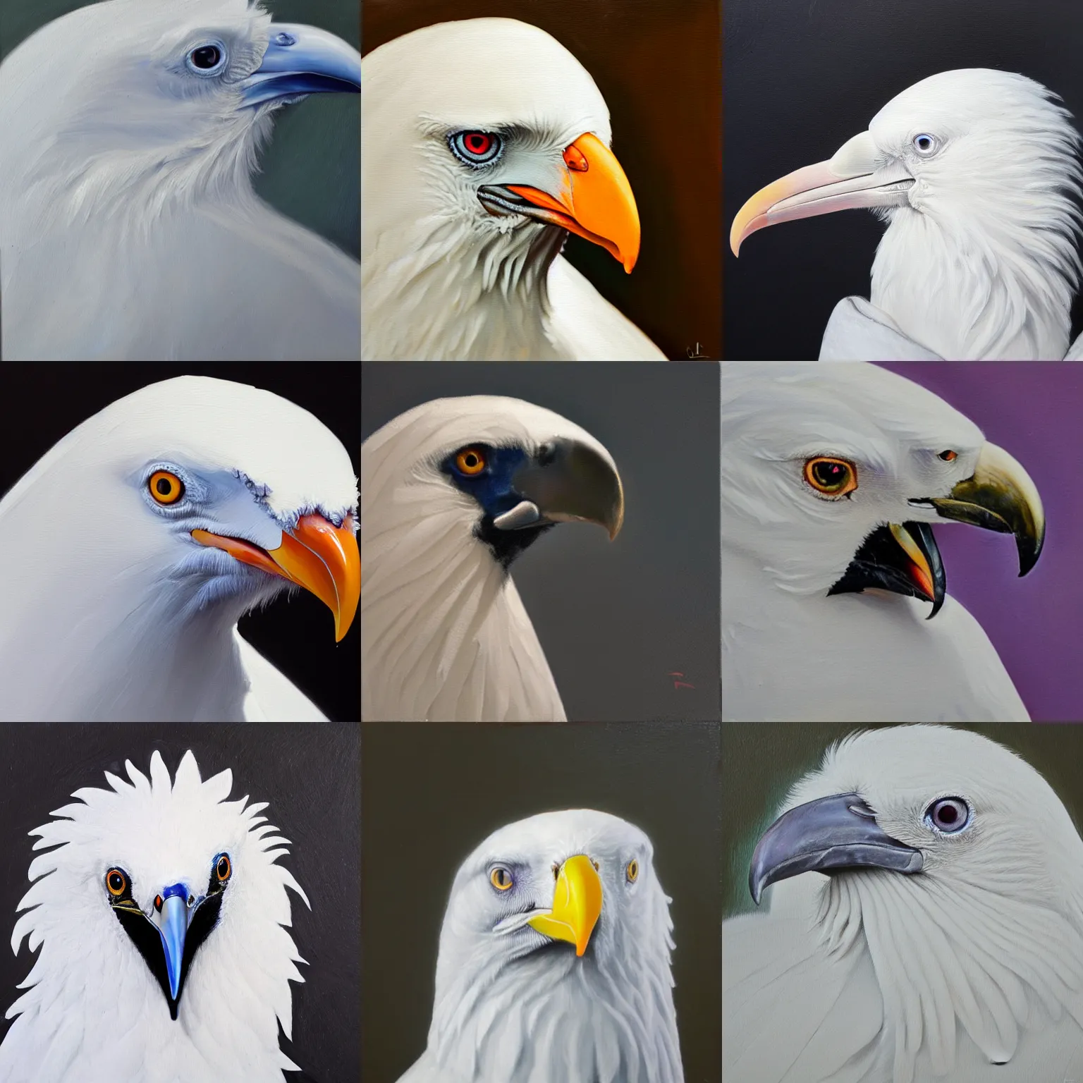 Image similar to closeup of an albino raven, oil paint, extremely detailed