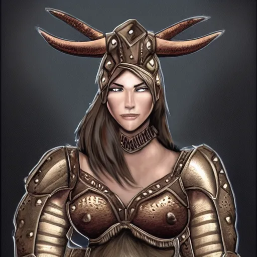 Prompt: fantasy concept art, armored female Minotaur, brown fur with white spots