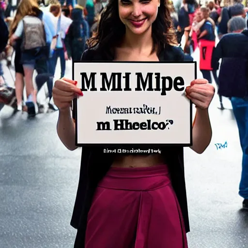 Image similar to Gal Gadot holding a sign that says M I T C H I E P O O !!!! as painted by Ralph Horsley