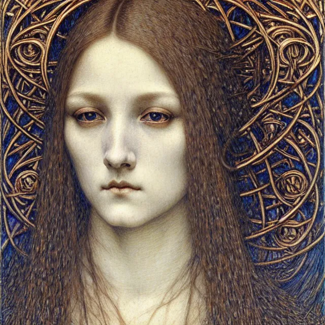 Image similar to detailed realistic beautiful young medieval queen face portrait by jean delville, gustave dore and marco mazzoni, art nouveau, symbolist, visionary, gothic, pre - raphaelite. horizontal symmetry