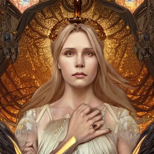 Prompt: A beautiful digital painting of a strong woman archangel with blond hair, in a regal armor, princess, a ghostly skull behind her, D&D, fantasy, intricate, cinematic lighting, highly detailed, digital painting, Artstation, concept art, smooth, sharp focus, illustration, art by Artgerm and Greg Rutkowski, Alphonse Mucha and charlie bowater
