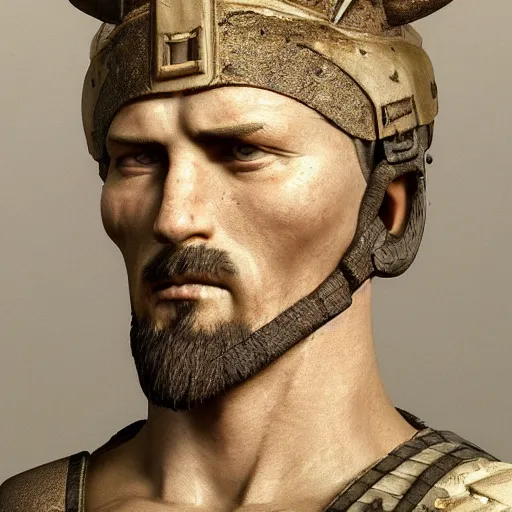 Prompt: a roman solider going into battle with a face that is angry and one that of breavey, 4 k, unreal engine 6, very detailed, high quality, painting,