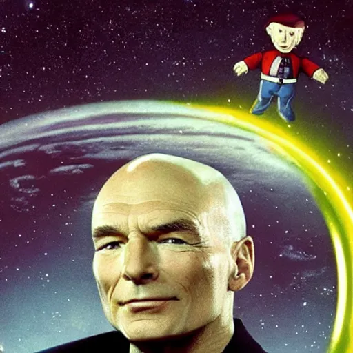 Prompt: Captain Picard jumping from the Starship enterprise