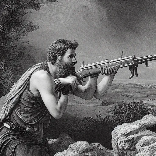 Prompt: Adam shooting the sname with an AK-47, biblical painting by Gustave Doré, black and white palette, detailed