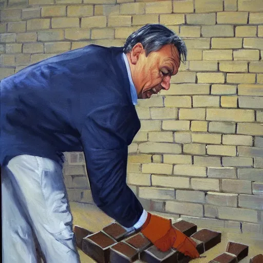 Image similar to viktor orban laying bricks, oil painting