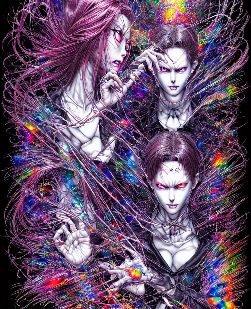 Image similar to realistic detailed image of ultra wrathful rainbow diamond nightmare scientist mega american psycho depth perception depth of field action horror masterpiece neo - gothic gothic rich deep colors art by yoshitaka amano by yukito kishiro by yoshiyuki sadamoto by artgerm by hajime sorayama