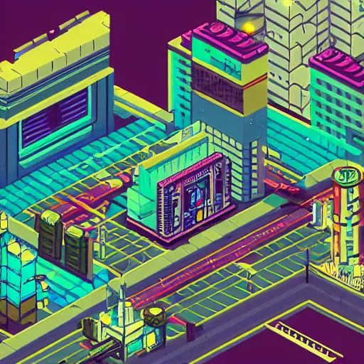 Prompt: pixelart illustration of an isometric cyberpunk city