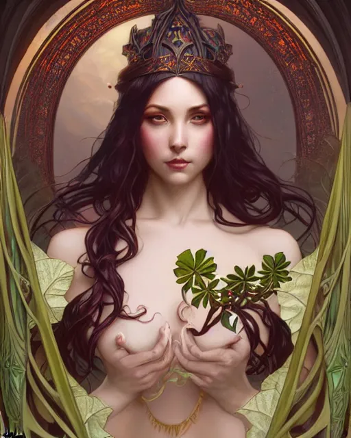 Prompt: beautiful sexy ethereal queen of the philodendron art nouveau, D&D, fantasy, intricate, elegant, highly detailed, digital painting, artstation, concept art, matte, sharp focus, illustration, hearthstone, art by Artgerm and Greg Rutkowski and Alphonse Mucha