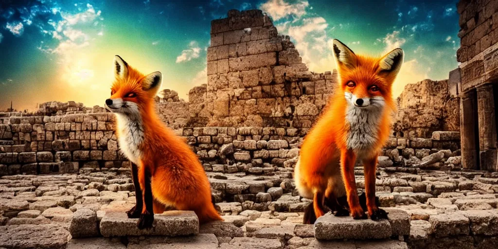 Image similar to A beautiful small fox in the huge ruins of the second temple in Jerusalem :: Dreamy sky :: The third temple hovers quietly in the sky above :: Very colorful painting 8k trending on art station :: Intricate details, very realistic, cinematic lighting, volumetric lighting, photographic blur bokeh defocus dof sky