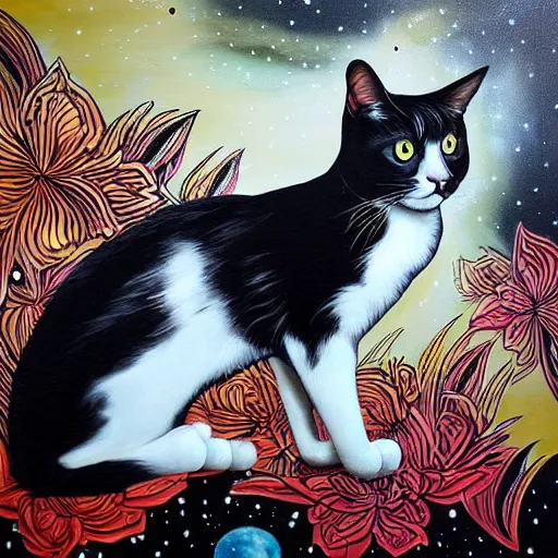 Prompt: a painting of a black and white cat in a cosmic scenic environment by sandra chevrier, hyperdetailed