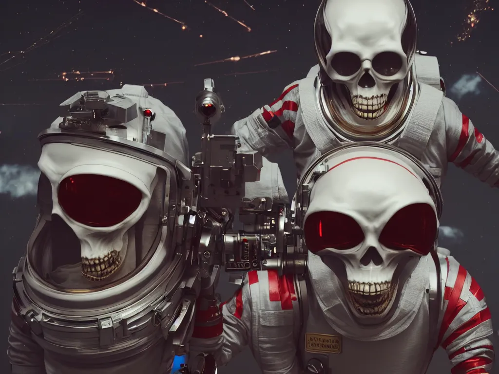 Image similar to angry ornate red skull in astronaut suit, gold linens, cinematic lighting, dramatic, octane render, long lens, shallow depth of field, bokeh, anamorphic lens flare, 8k, hyper detailed