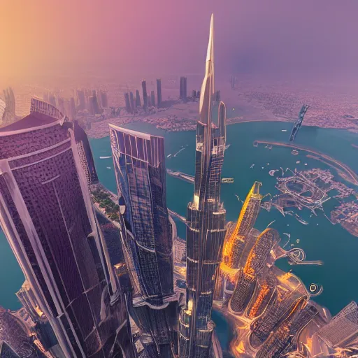 Prompt: closeup of a man [ standing on the pinnacle of the burj khalifa ]!!, holding a camera, viewing out into a futuristically adequate city, dusk atmosphere, digital art illustrated by max hay and greg rutkowski, [ synthwave ]!!, golden ratio!!, centered!!