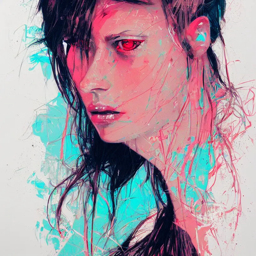 Image similar to close up portrait painting of a female dressed in nineties street styling, concept art, intricate details, highly detailed, aesthetically pleasing pastel colors, art by conrad roset