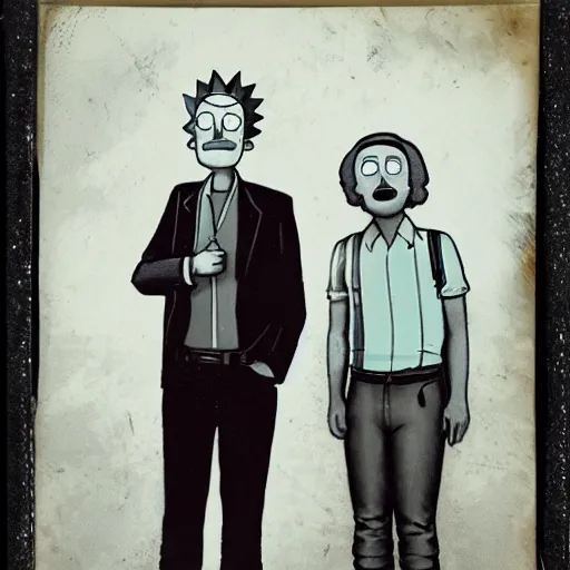 Image similar to tintype photo of cartoon rick and morty